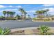 The community entrance is landscaped with mature palm trees, rocks, and various plants at 6141 Tokara Ave, Las Vegas, NV 89122
