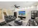 Modern living room featuring a large TV, recessed lighting, and comfortable leather seating at 7407 Bakewell Ave, Las Vegas, NV 89179