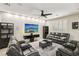 Modern living room featuring a large TV, recessed lighting, and comfortable leather seating at 7407 Bakewell Ave, Las Vegas, NV 89179