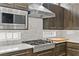 Close-up of a kitchen featuring modern stainless steel appliances and marble backsplash at 1509 Winslow St, Las Vegas, NV 89117