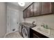 Well-lit laundry room features modern washer and dryer, ample cabinet space, and convenient sink at 1727 Sonoran Bluff Ave, Henderson, NV 89014