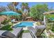 Backyard pool featuring lush tropical landscaping, a swim-up bar, lounge chairs, and a beautiful patio area at 2608 Prospector Mine Ave, North Las Vegas, NV 89031