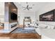 Spacious living room with hardwood floors, fireplace, modern lighting, and comfortable seating at 2610 Eldora Estates Ct, Las Vegas, NV 89117