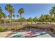 View of private basketball court with lush landscaping and mature palm trees at 4217 Bridesmaid Falls Ave, North Las Vegas, NV 89085