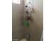 Close up on shower fixtures with caddy and tiled walls at 8769 Country View Ave, Las Vegas, NV 89129