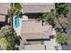 A high angle view of a private backyard featuring a custom pool surrounded by lush landscaping for outdoor enjoyment at 9308 Pitching Wedge Dr, Las Vegas, NV 89134