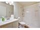Well-lit bathroom with a single sink vanity, toilet, and step-in shower at 3063 Chapala Dr, Las Vegas, NV 89120