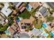Expansive aerial view of a desert home with lush backyard, sparkling pool, mature trees, and solar panels at 3708 Lorraine Ln, Las Vegas, NV 89120