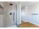 Modern shower featuring large tile, glass door, niche, rain head and handheld sprayer at 7342 Brisbane Hills St, Las Vegas, NV 89166