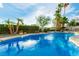 Sparkling blue pool surrounded by lush landscaping and tall palm trees in backyard at 1393 Calmview Pl, Las Vegas, NV 89110