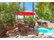 Outdoor dining area with a view of the pool's rock waterfall feature, surrounded by lush plants at 179 Adomeit Dr, Henderson, NV 89074