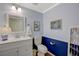 Charming powder room with blue accent wall, decorative mirror and vanity at 2555 Hampton Rd # 5104, Henderson, NV 89052