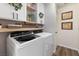 Well-organized laundry room with modern washer and dryer, custom cabinets and shelving at 5131 Moose Falls Dr, Las Vegas, NV 89141