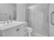 Modern bathroom featuring a glass shower, vanity, and toilet at 519 Landra Ln, Henderson, NV 89015