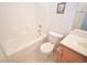 Clean bathroom featuring a shower-tub combo, toilet, and vanity at 6098 Darkfeather Way, Las Vegas, NV 89139