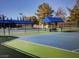 A well-maintained tennis court with covered seating areas, ideal for matches and practice at 7889 Rancho Mirage Dr, Las Vegas, NV 89113