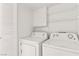Functional laundry room with washer, dryer, and storage shelves at 2251 Wigwam Pkwy # 424, Henderson, NV 89074