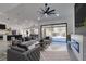 Open-concept living room featuring modern furnishings, a fireplace, and sliding glass doors to the outdoor space at 2905 Legend Dr, Las Vegas, NV 89134