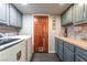 Functional laundry room includes washer, dryer, cabinetry, butcher block counters, and backyard access at 5381 Waving Sage Dr, Las Vegas, NV 89149