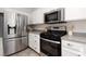 Close-up of the kitchen with modern stainless steel appliances, granite counters, and white cabinets at 908 Shining Rose Pl, Henderson, NV 89052