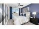 Bedroom with modern decor, blue accent wall, and large window providing ample light at 1491 Melodic Lark Dr, Las Vegas, NV 89138