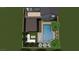 Backyard pool with adjacent patio, fire pit, and outdoor seating area surrounded by lush greenery at 7132 Sayonara Vista St, North Las Vegas, NV 89084