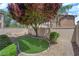 Serene backyard featuring lush synthetic lawn, decorative gravel, privacy fence, and a mature shade tree at 8562 Burning Bridge Ct, Las Vegas, NV 89131