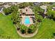Aerial view of community pool with lush landscaping, palm trees and many seating areas to relax and enjoy the view at 4212 Helens Pouroff Ave, North Las Vegas, NV 89085