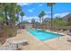 Sparkling community pool surrounded by lounge chairs and swaying palm trees at 6559 Tumbleweed Ridge Ln # 103, Henderson, NV 89011
