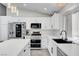 Well-lit kitchen featuring white cabinets, stainless steel appliances, and a stylish faucet by the window at 715 Heritage Point Dr, Henderson, NV 89002