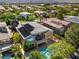 Aerial view features a spacious home with a pool and balcony overlooking a lush backyard, complemented by desert vistas at 1016 Sable Mist Ct, Las Vegas, NV 89144
