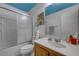 Bathroom featuring a shower-tub combo and single sink vanity, complete with toilet and lighting at 4215 Macadamia Dr, Las Vegas, NV 89115