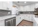 Bright kitchen features white cabinets, gray backsplash, stainless steel appliances, and a large island with quartz countertops at 5225 Sandy Cactus Ln, Las Vegas, NV 89149