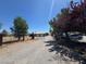 Long gravel driveway leading to a home, framed by mature trees and landscaping at 871 Buol Rd, Pahrump, NV 89048