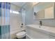 Modern bathroom featuring a shower over tub and a contemporary vanity at 1013 Corsica Ln, Las Vegas, NV 89144