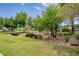 Well-manicured lawn with trees and greenery at 233 Pecos Way, Las Vegas, NV 89121