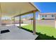 A covered patio with artificial turf, a brick wall, and plenty of space for outdoor activities at 262 Calvino Ave, Las Vegas, NV 89183