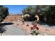 Charming front yard featuring decorative rock, desert landscaping, and unique metal art pieces at 4732 S Adriano Way, Pahrump, NV 89061