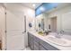 Modern bathroom featuring double sinks and a large mirror with blue accent paint at 1289 Miller Springs Ln # 96, North Las Vegas, NV 89084