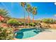 Inviting backyard pool with blooming flowers and mature palm trees at 209 Camino Vista St, Henderson, NV 89012