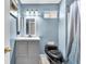 Bathroom with grey vanity, black toilet, and a partially visible shower and textured blue walls at 5612 Royal Castle Ln, Las Vegas, NV 89130