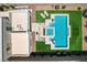 Aerial view showcasing the pool, outdoor seating, and modern architecture at 734 Glowing Horizon St, Henderson, NV 89052