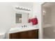 Stylish bathroom features a vanity with great lighting and glass shower at , Las Vegas, NV 89101