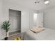 Bright bedroom with gray flooring, closet, ceiling fan, and modern gray and white comforter at , Las Vegas, NV 89101