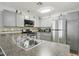 Kitchen with gray cabinets, stainless steel appliances, and tiled backsplash at 7640 Woven Memories St, Las Vegas, NV 89149