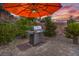 A stainless steel barbecue grill on a brick paver patio with lush landscaping at 1145 Glacier Park Ct, Henderson, NV 89052