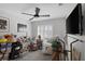 Bedroom featuring ceiling fan, shuttered window, and clutter at 1246 Diamond Valley St, Henderson, NV 89052
