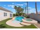 Beautiful backyard pool and hot tub featuring artificial turf, palm trees and a gray wall at 4116 Villa Flora St, Las Vegas, NV 89130