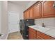 Functional laundry room equipped with a washer, dryer, cabinets for storage, and a sink for added convenience at 10325 Sweet Fennel Dr, Las Vegas, NV 89135