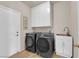 Well-equipped laundry room with modern washer, dryer, utility sink, and storage cabinets at 11139 Zarod Rd, Las Vegas, NV 89135